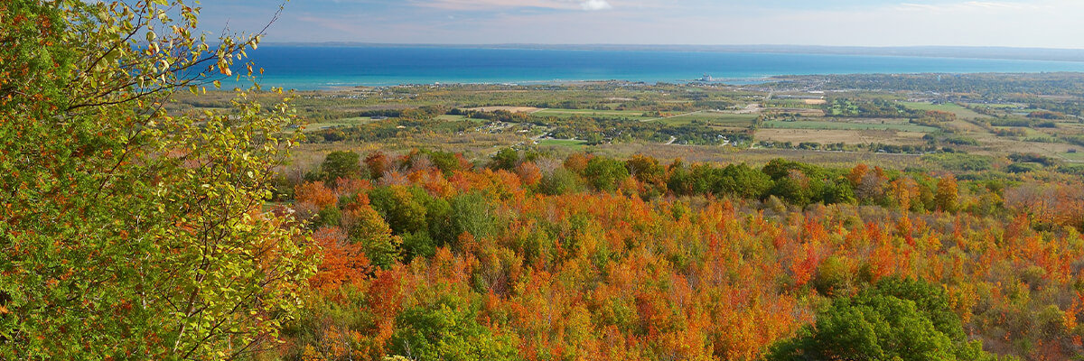 Beautiful view from Niagara escarpment of Georgian Bay during fall season.